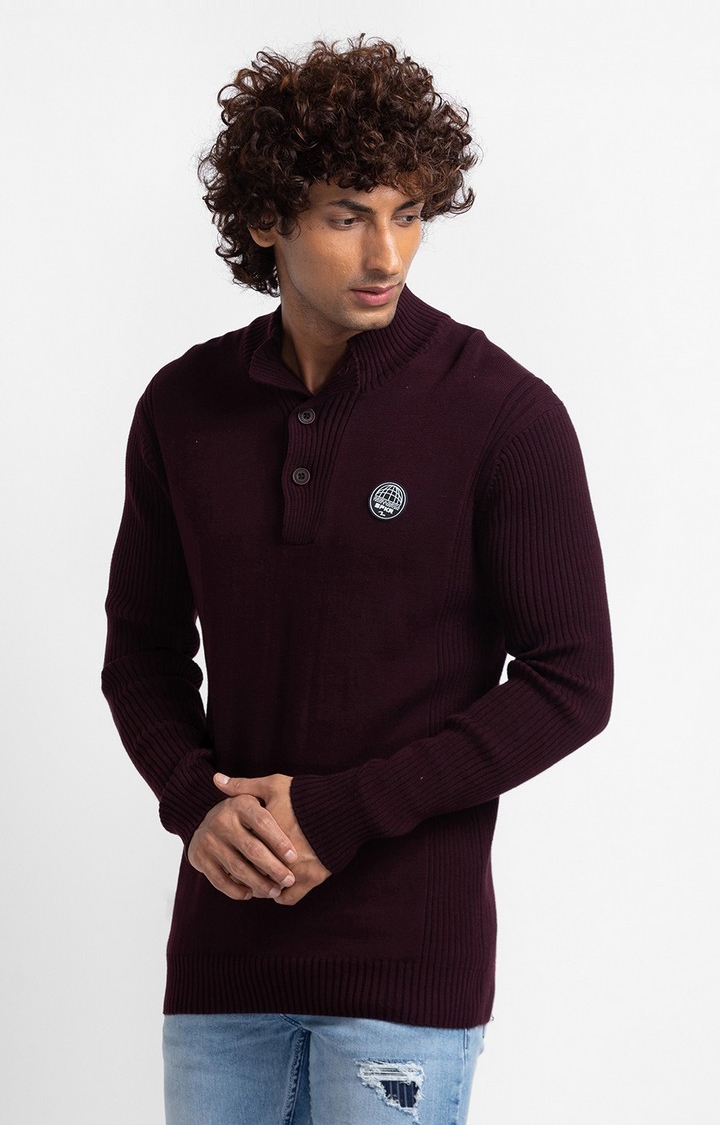 Spykar | Spykar Wine Cotton Full Sleeve Casual Sweater For Men 3
