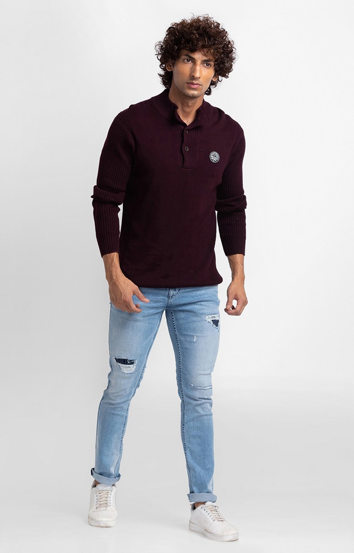 Spykar | Spykar Wine Cotton Full Sleeve Casual Sweater For Men 1