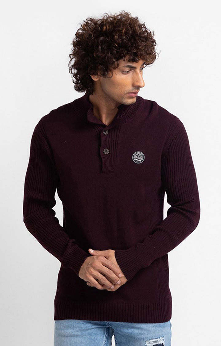 Spykar | Spykar Wine Cotton Full Sleeve Casual Sweater For Men 0