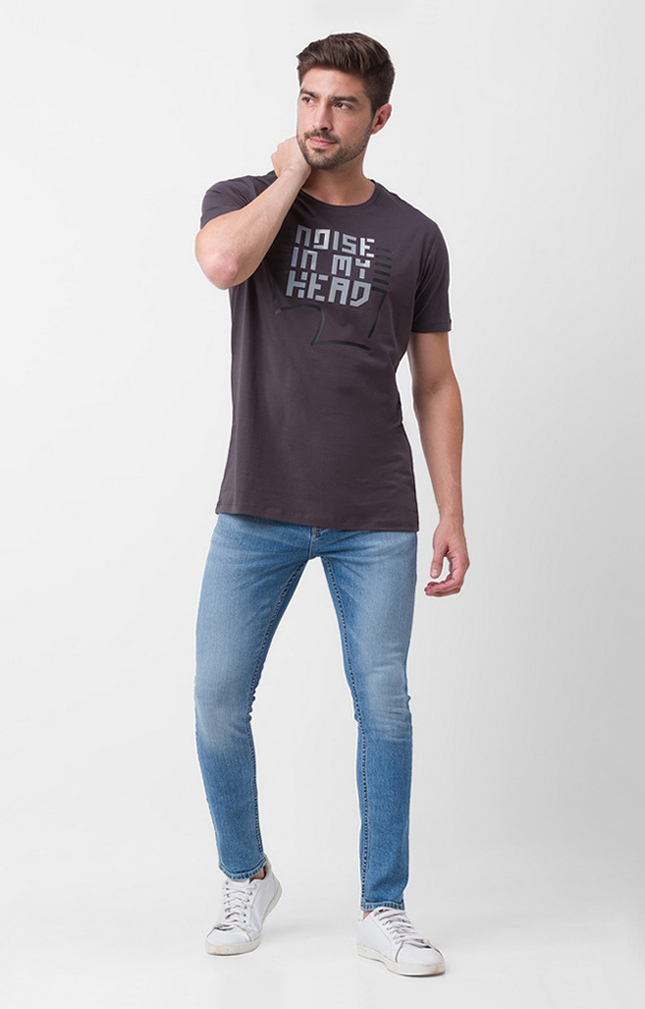 Spykar Slate Grey Cotton Half Sleeve Printed Casual T-Shirt For Men
