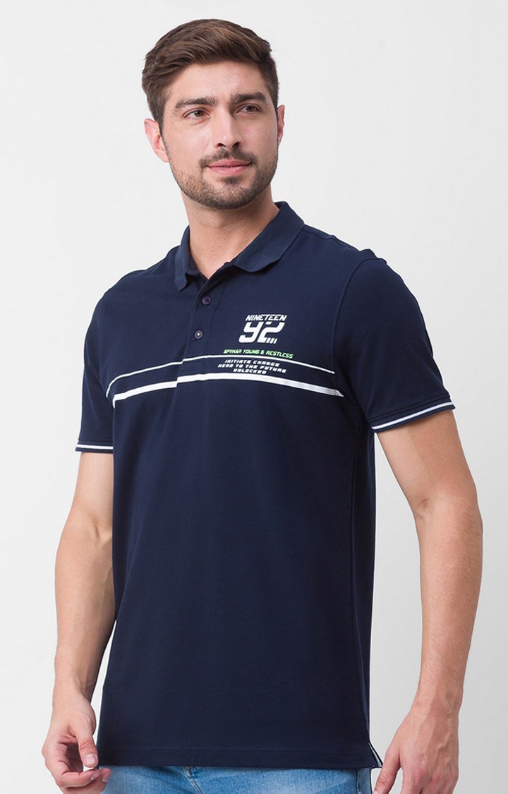 spykar | Spykar Navy Blue Cotton Half Sleeve Printed Casual Polo T-Shirt For Men 3