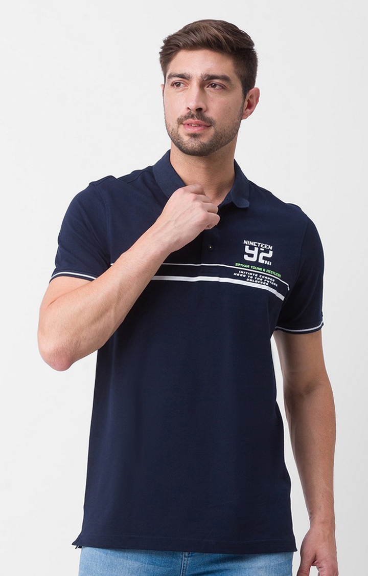 spykar | Spykar Navy Blue Cotton Half Sleeve Printed Casual Polo T-Shirt For Men 0