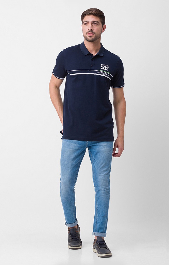 spykar | Spykar Navy Blue Cotton Half Sleeve Printed Casual Polo T-Shirt For Men 1