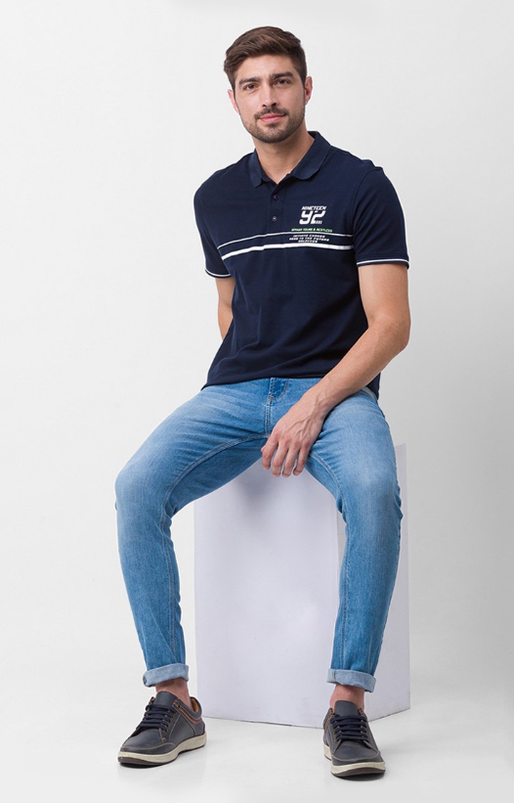 spykar | Spykar Navy Blue Cotton Half Sleeve Printed Casual Polo T-Shirt For Men 2