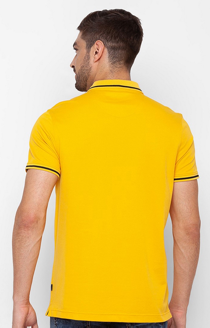 spykar | Spykar Yellow Cotton Half Sleeve Plain Casual Polo T-Shirt For Men 4