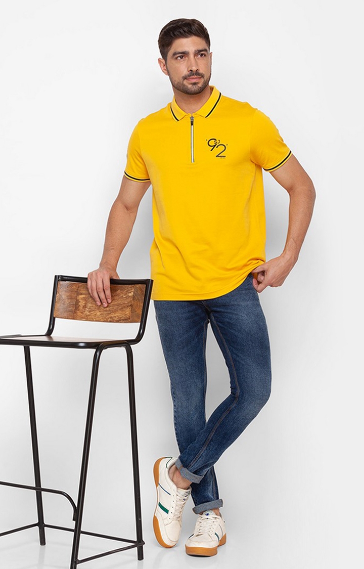 spykar | Spykar Yellow Cotton Half Sleeve Plain Casual Polo T-Shirt For Men 2