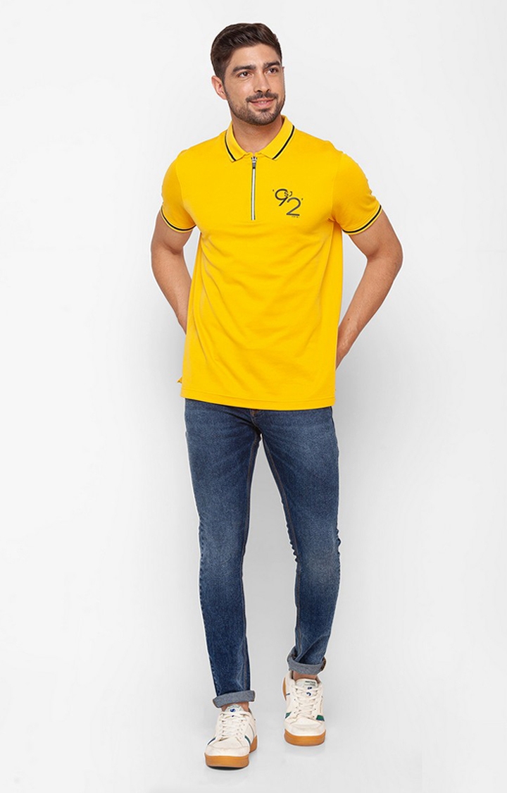 spykar | Spykar Yellow Cotton Half Sleeve Plain Casual Polo T-Shirt For Men 1