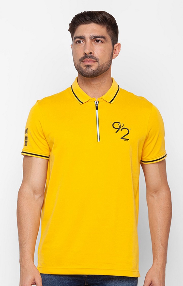 spykar | Spykar Yellow Cotton Half Sleeve Plain Casual Polo T-Shirt For Men 0