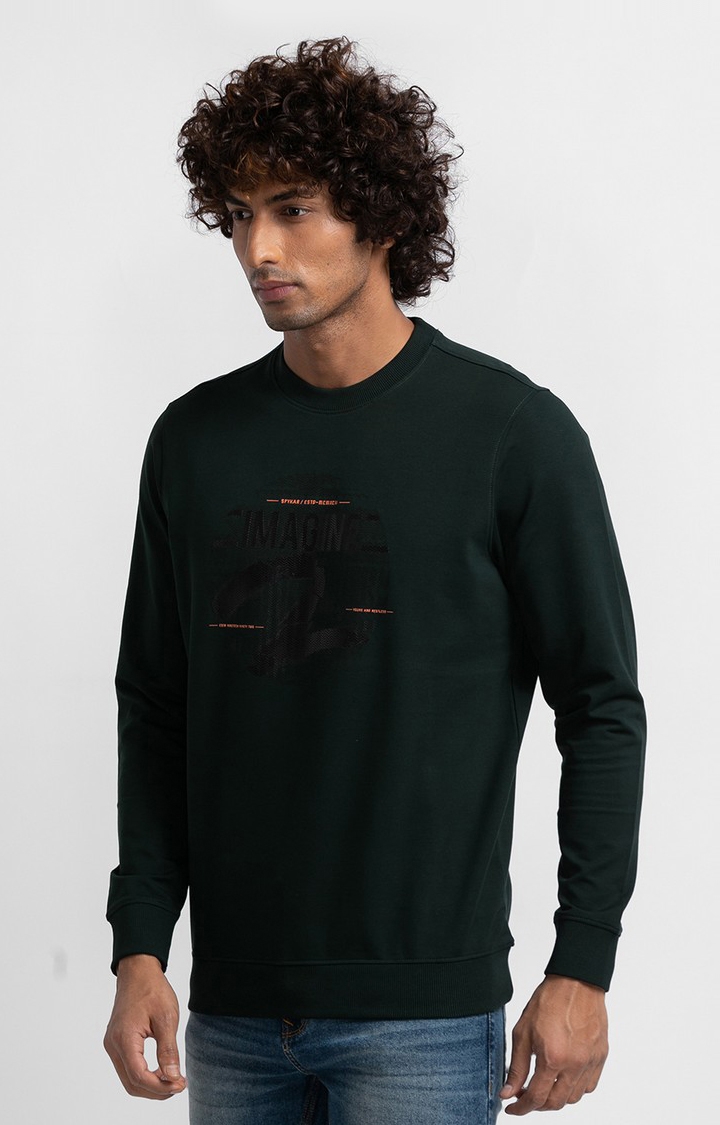 Spykar | Spykar Bottle Green Cotton Full Sleeve Round Neck Sweatshirt For Men 3