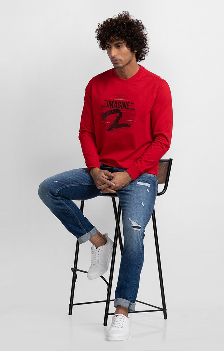 Spykar | Spykar True Red Cotton Full Sleeve Round Neck Sweatshirt For Men 2