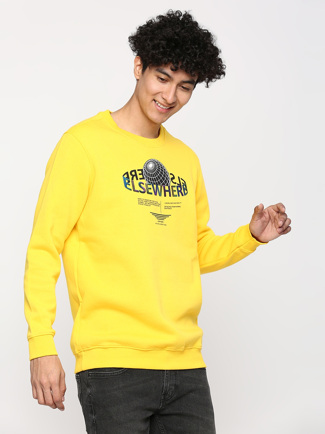 spykar | Spykar Chrome Yellow Cotton Full Sleeve Round Neck Sweatshirt For Men 2
