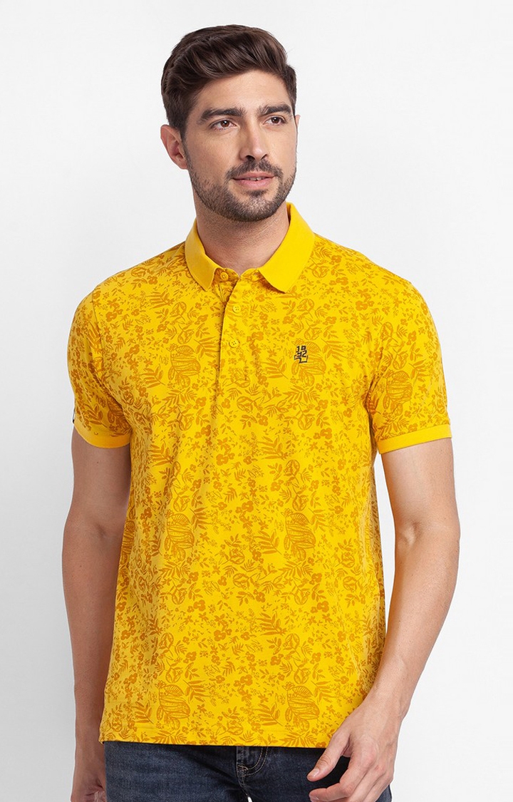 spykar | Spykar Sulphur Yellow Cotton Half Sleeve Printed Casual Polo T-Shirt For Men 0