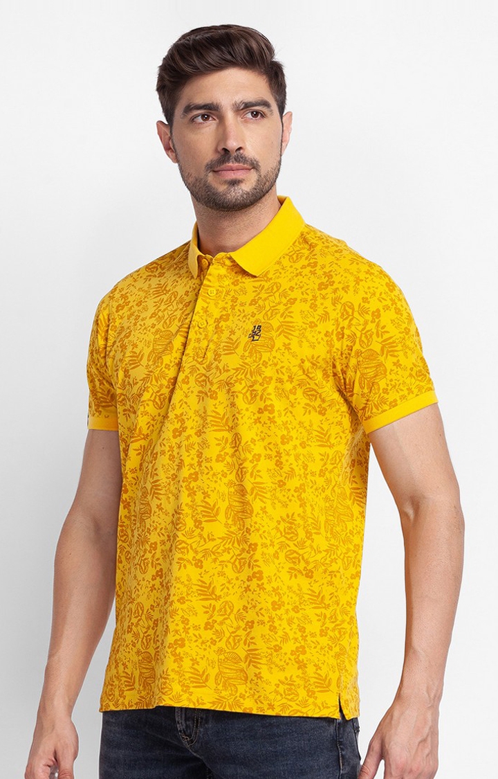 spykar | Spykar Sulphur Yellow Cotton Half Sleeve Printed Casual Polo T-Shirt For Men 3