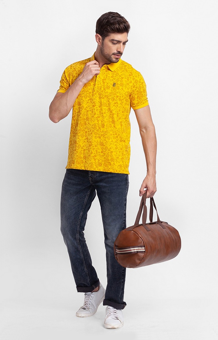 spykar | Spykar Sulphur Yellow Cotton Half Sleeve Printed Casual Polo T-Shirt For Men 1