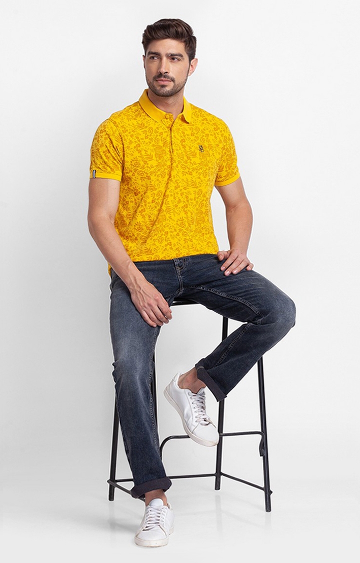 spykar | Spykar Sulphur Yellow Cotton Half Sleeve Printed Casual Polo T-Shirt For Men 2