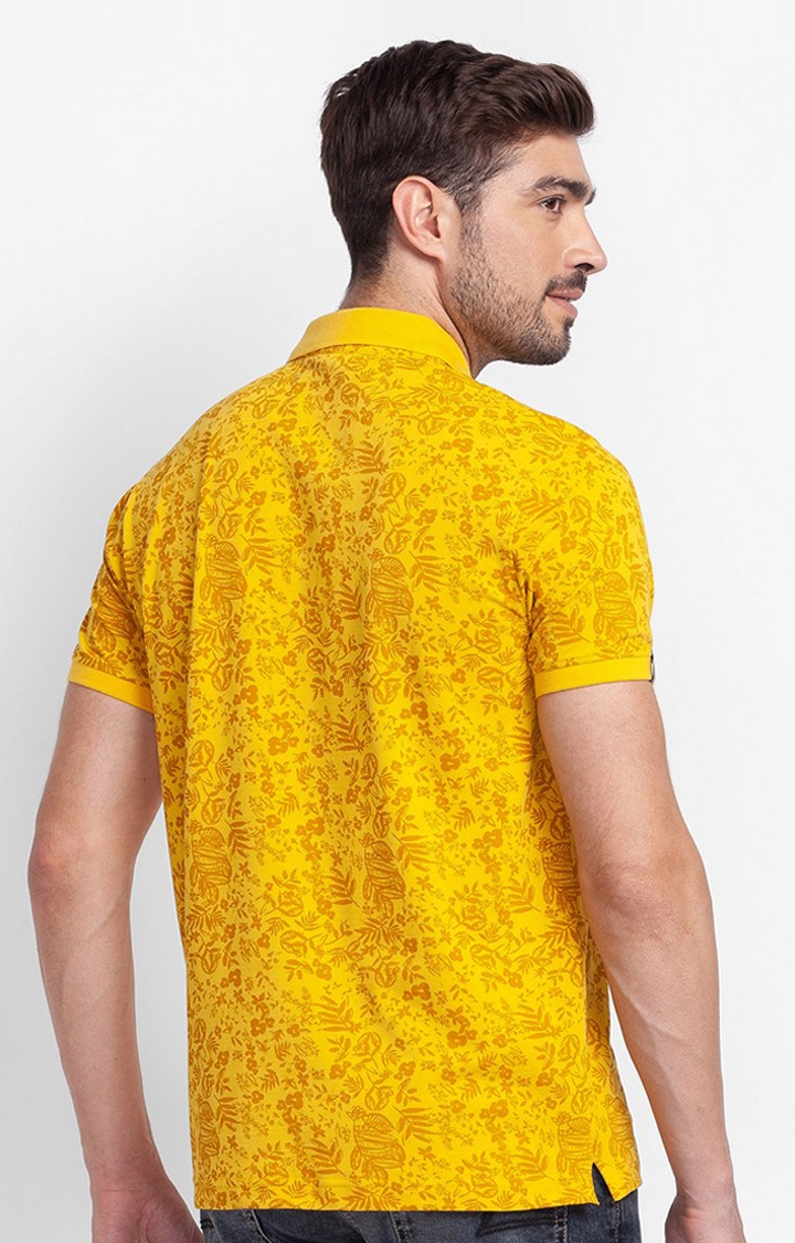 spykar | Spykar Sulphur Yellow Cotton Half Sleeve Printed Casual Polo T-Shirt For Men 4