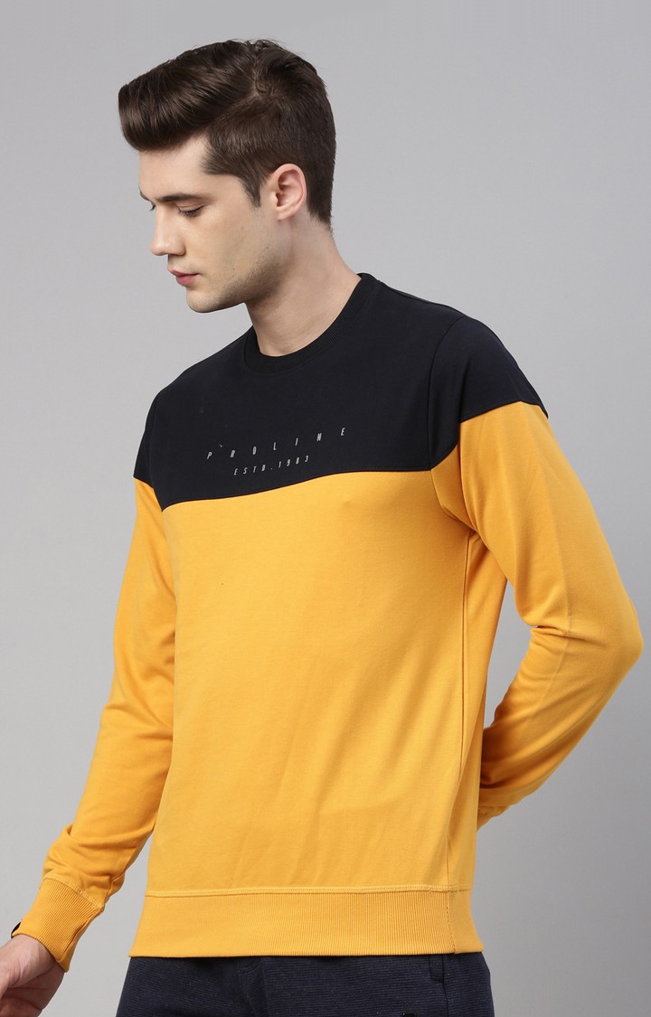 Men's Yellow Cotton Blend Colourblock Sweatshirt