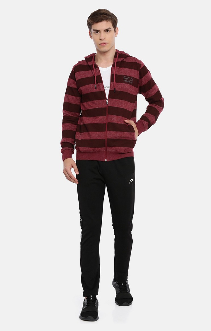 Men's Red Cotton Blend Striped Hoodie
