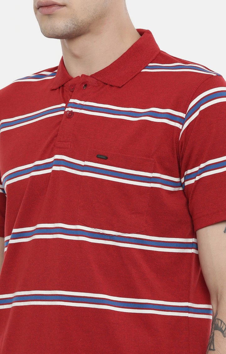 Men's Red Cotton Blend Striped Polo T-Shirt