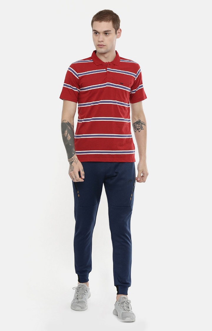 Men's Red Cotton Blend Striped Polo T-Shirt