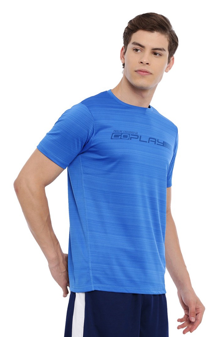Men's Blue Polyester Typographic Activewear T-Shirt