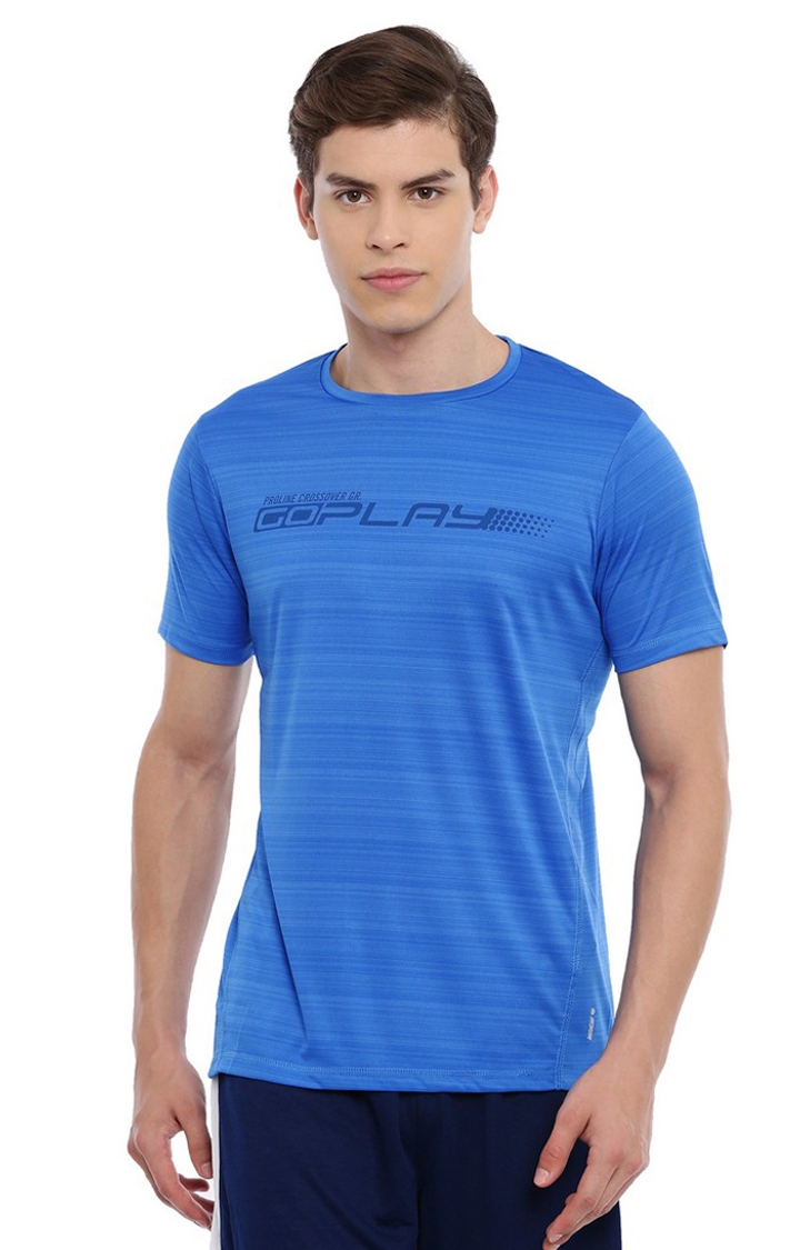 Men's Blue Polyester Typographic Activewear T-Shirt