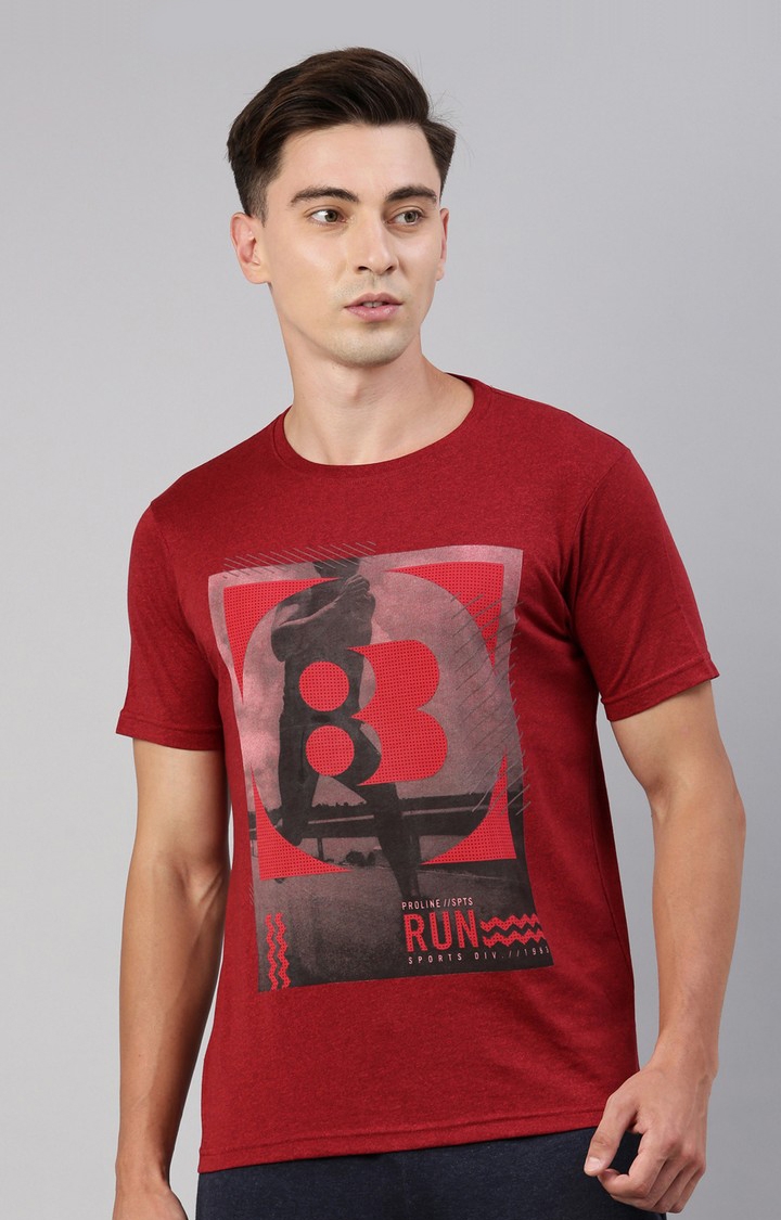Men's Red Cotton Printed Activewear T-Shirt