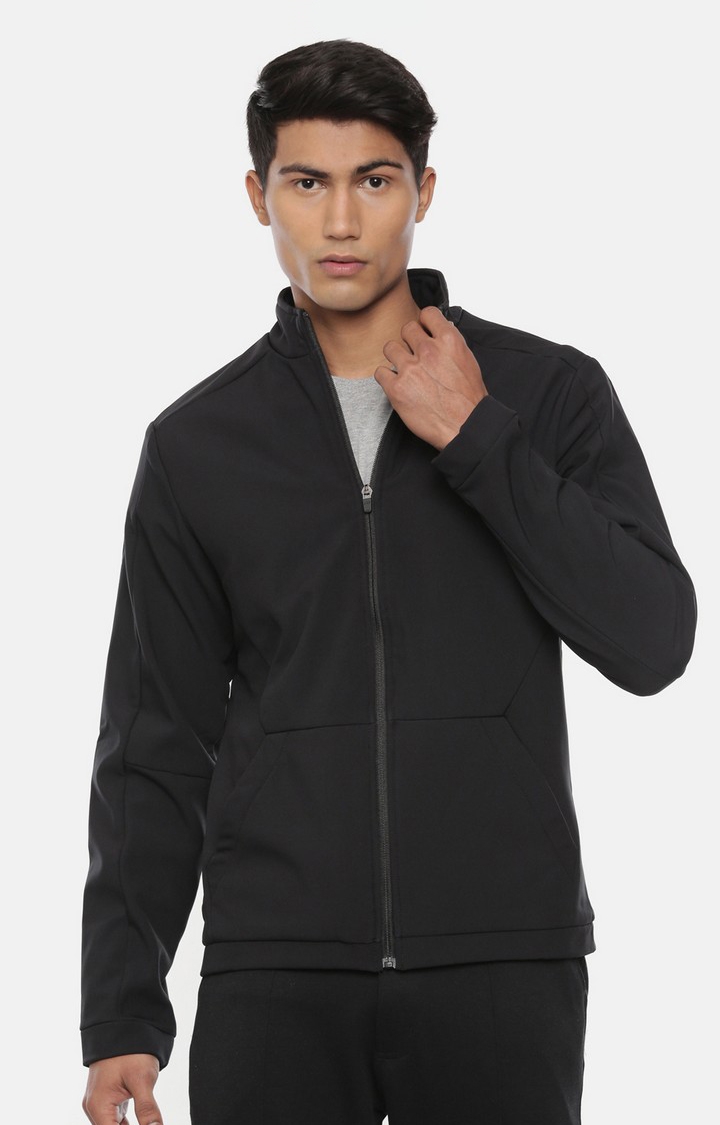 Men's Black Polyester Solid Activewear Jacket