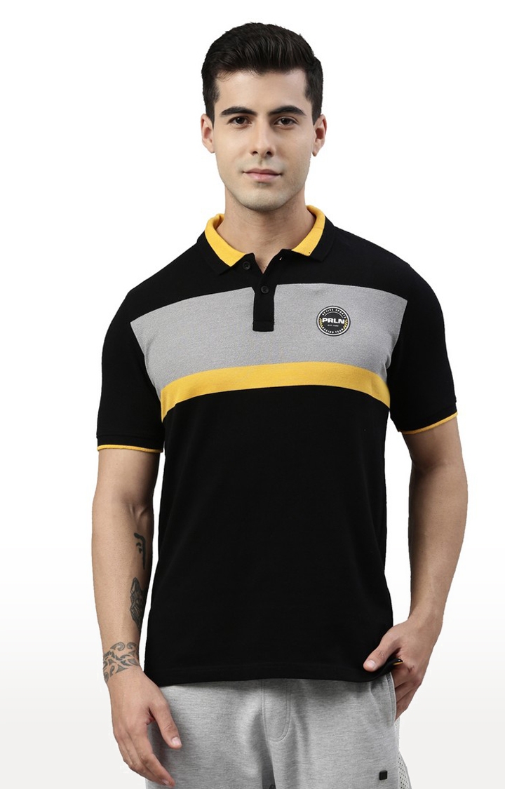Proline | Men's Black Cotton Blend Colourblocked Polo T-Shirt 0