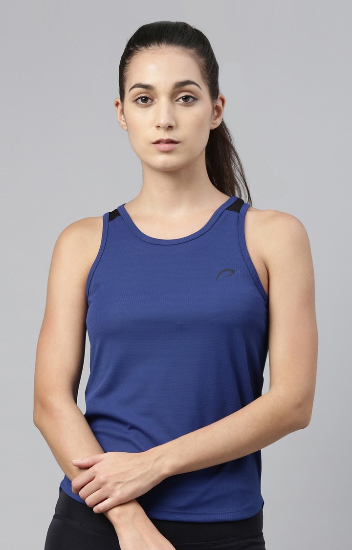 Women's Blue Polyester Solid Activewear Tank Tops