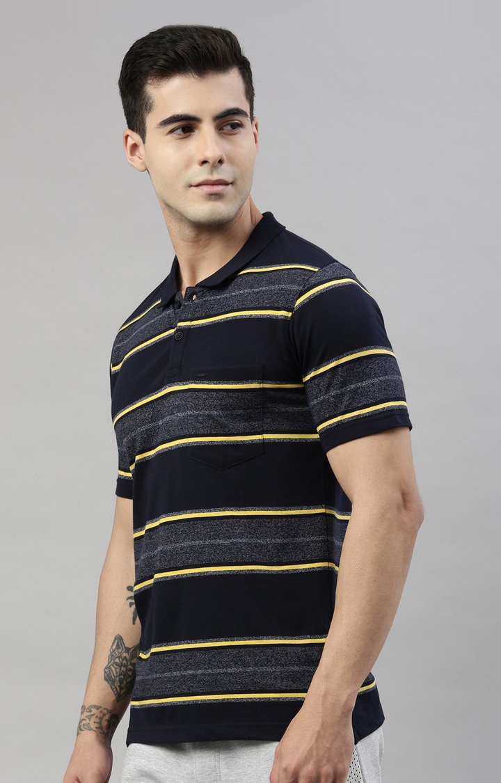 Men's Black Cotton Blend Striped Polo T-Shirt