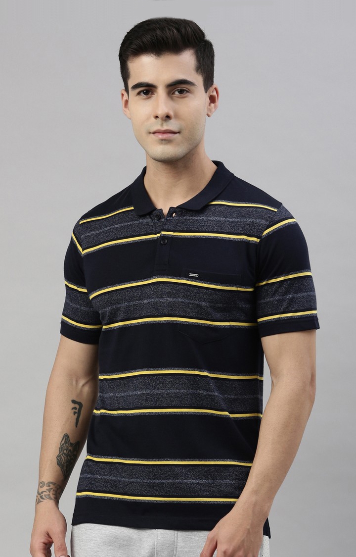 Men's Black Cotton Blend Striped Polo T-Shirt