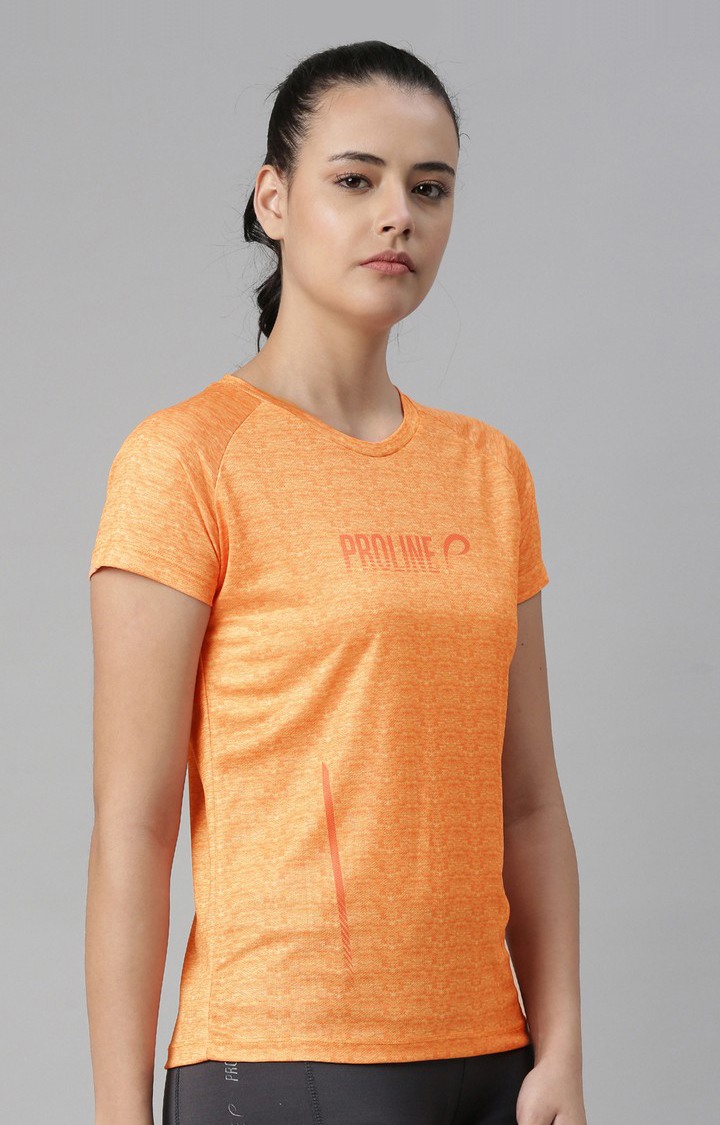 Women's Orange Polyester Typographic Activewear T-Shirt