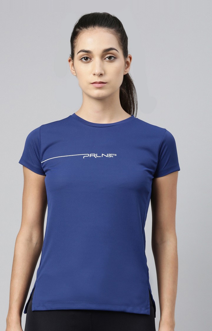 Women's Blue Polyester Typographic Activewear T-Shirt