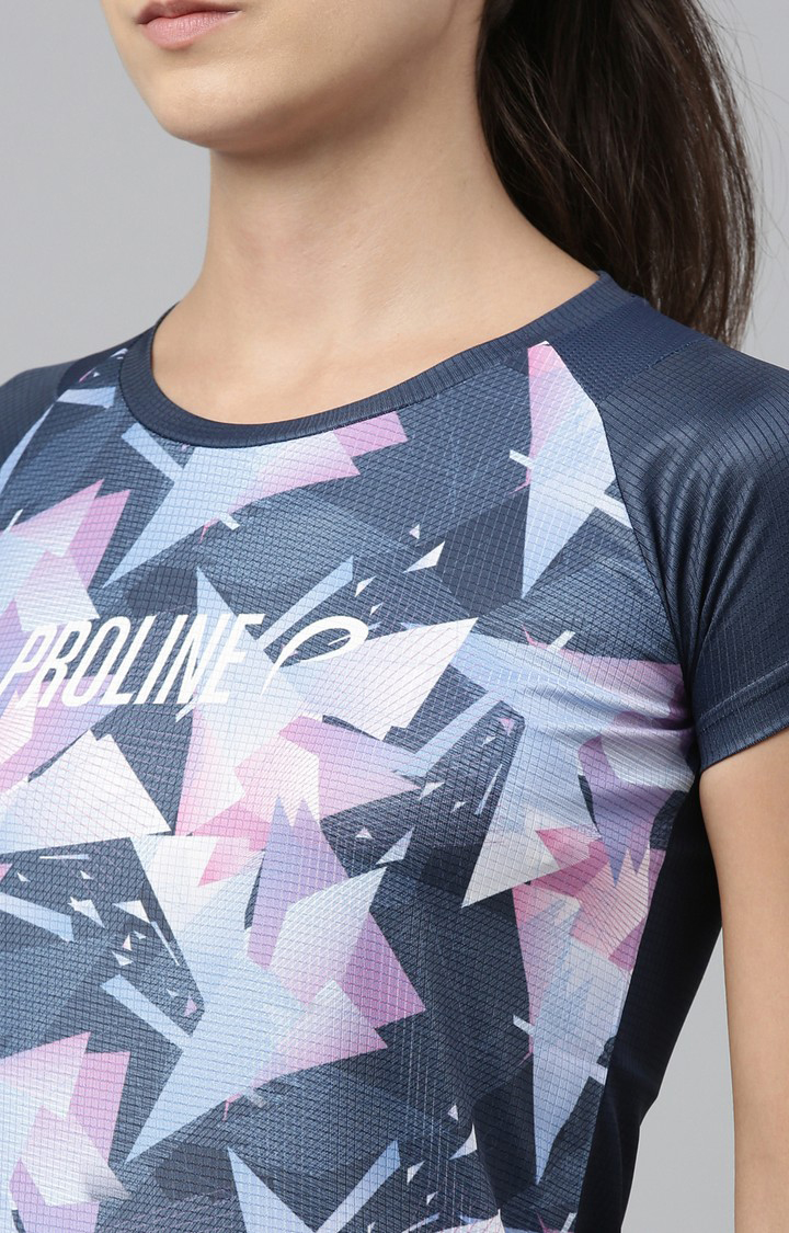 Women's Blue Polyester Printed Activewear T-Shirt