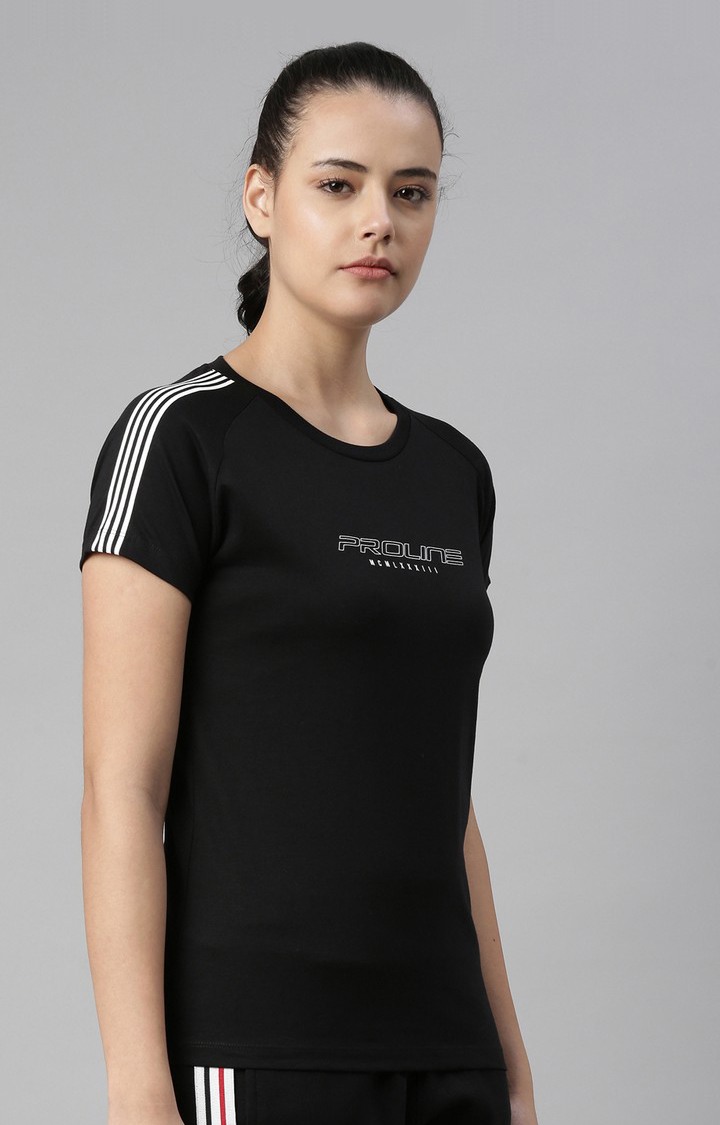 Women's Black Cotton Typographic Activewear T-Shirt