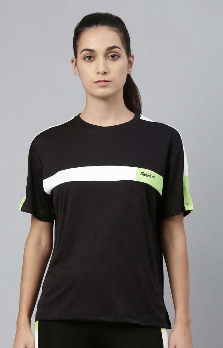 Proline | Women's Black Polyester Solid Activewear T-Shirt