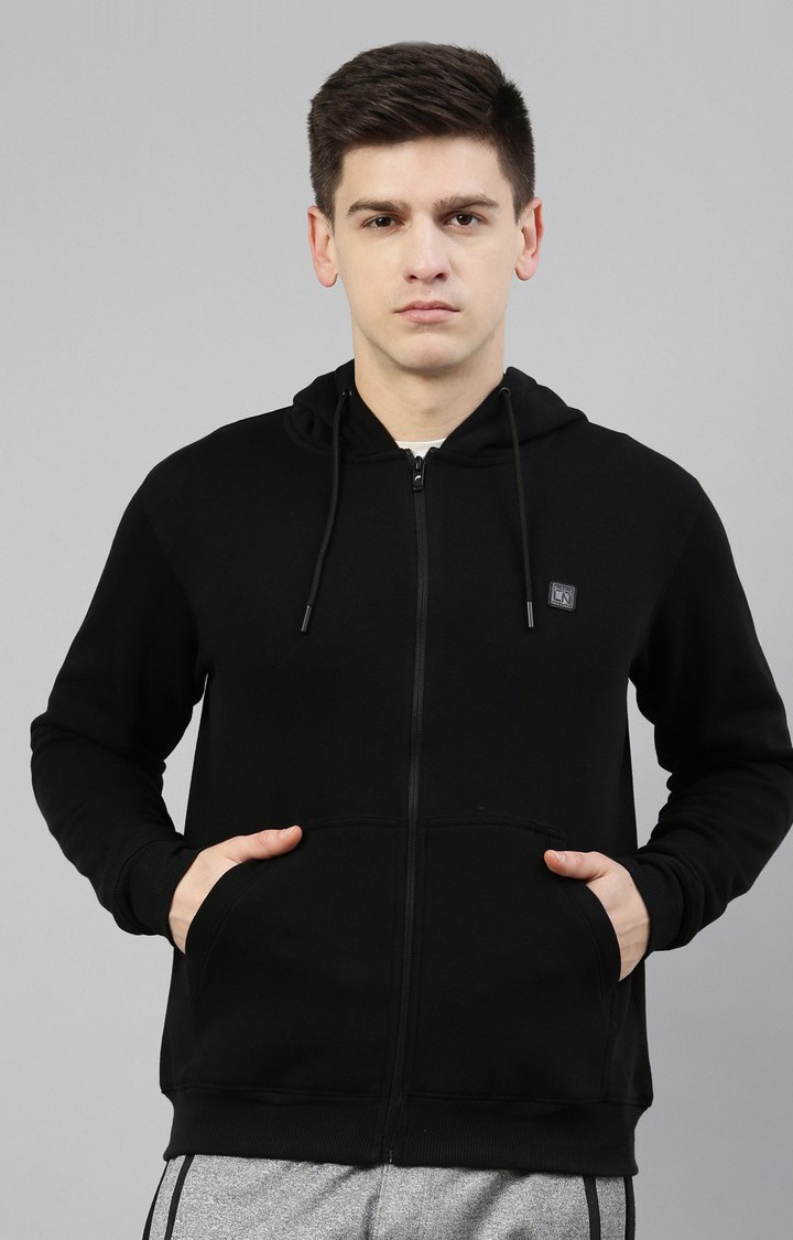 Men's Black Cotton Solid Hoodie