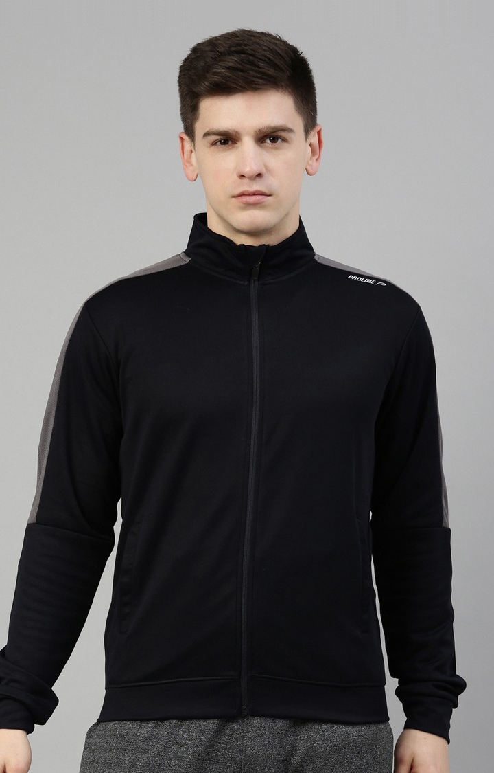 Men's Black Cotton Solid Activewear Jacket