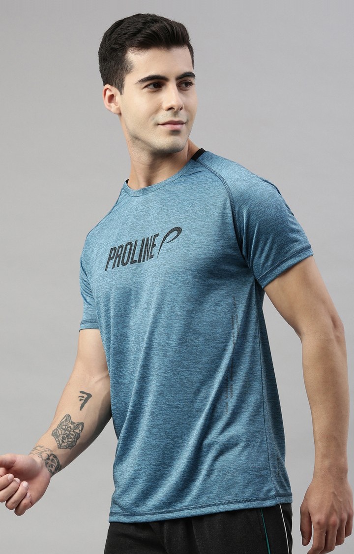 Men's Blue Polyester Typographic Activewear T-Shirt