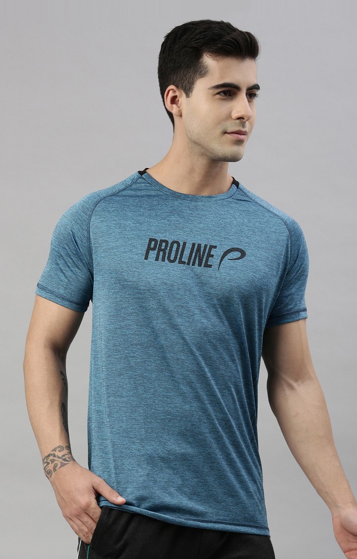 Men's Blue Polyester Typographic Activewear T-Shirt