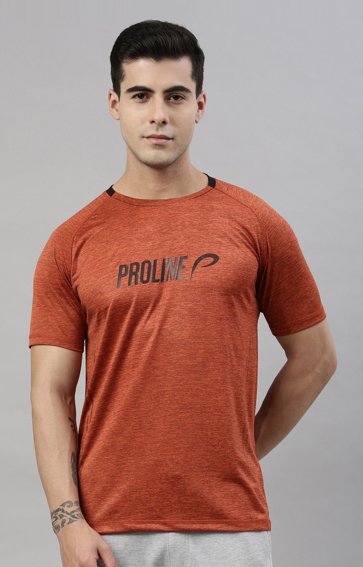 Proline | Men's Orange Polyester Typographic Activewear T-Shirt