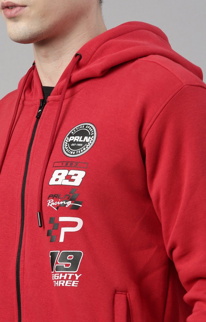 Men's Red Polyester Solid Hoodie