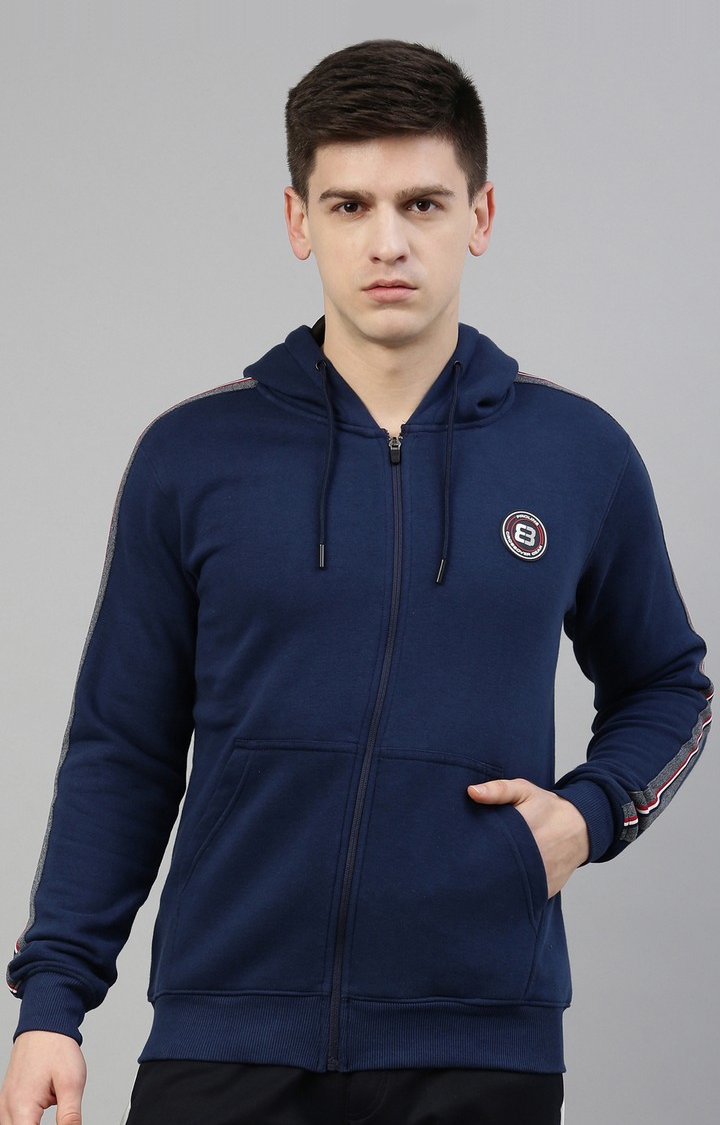 Men's Blue Polyester Solid Hoodie