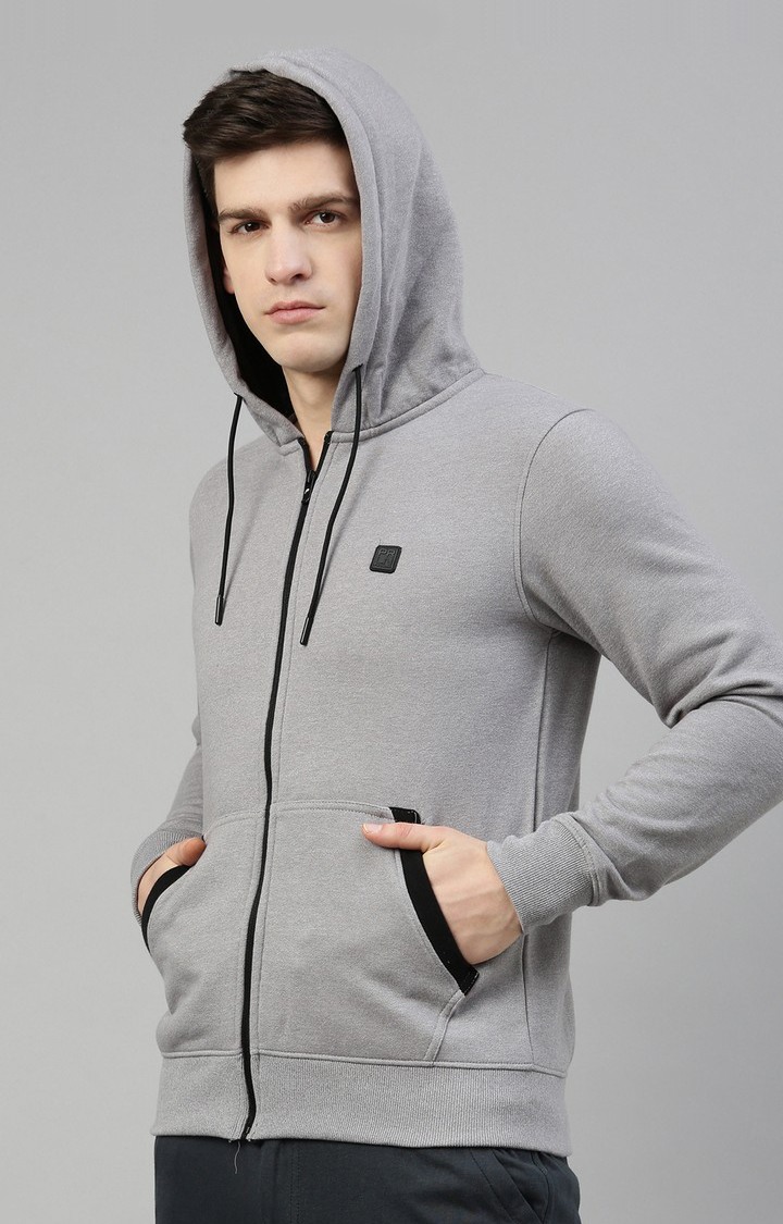 Men's Grey Polyester Solid Hoodie