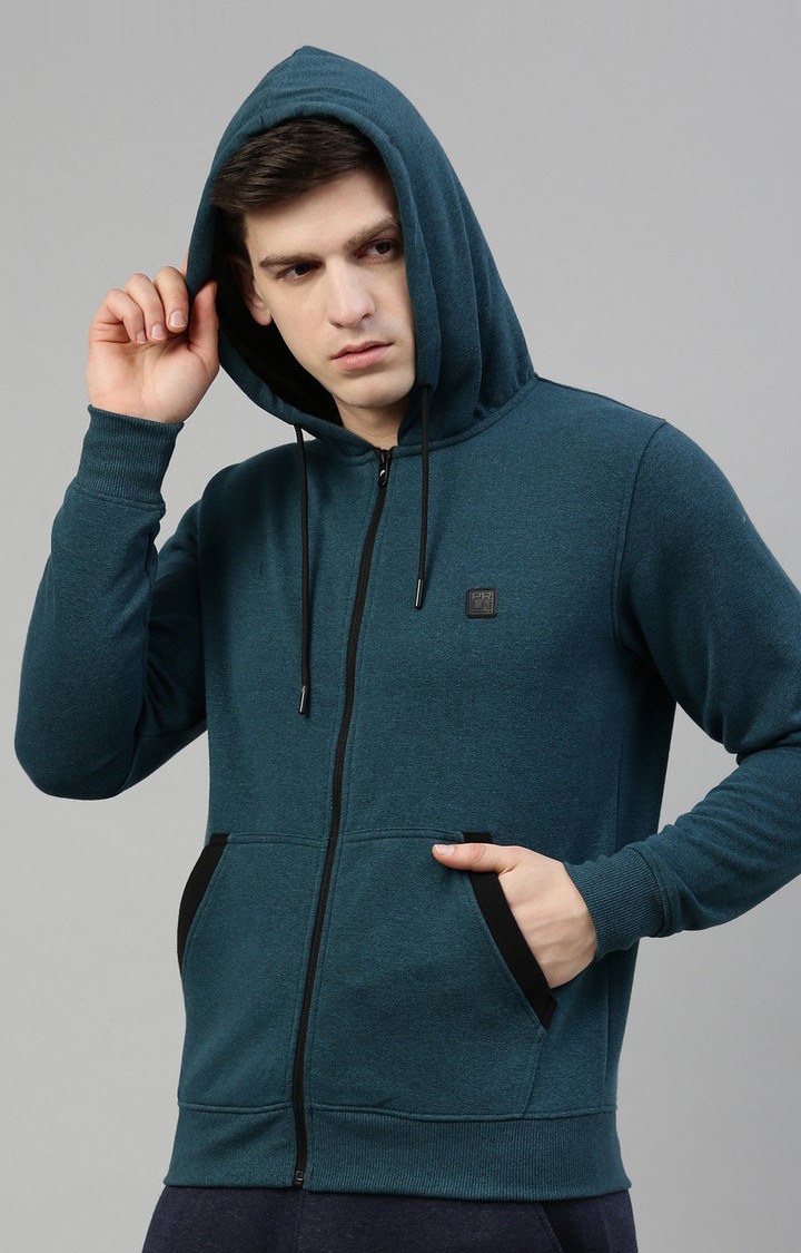 Men's Green Polyester Solid Hoodie