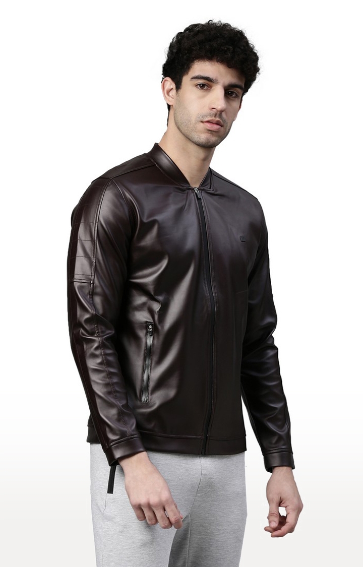 Men's Brown Polyester Solid Leather Jacket