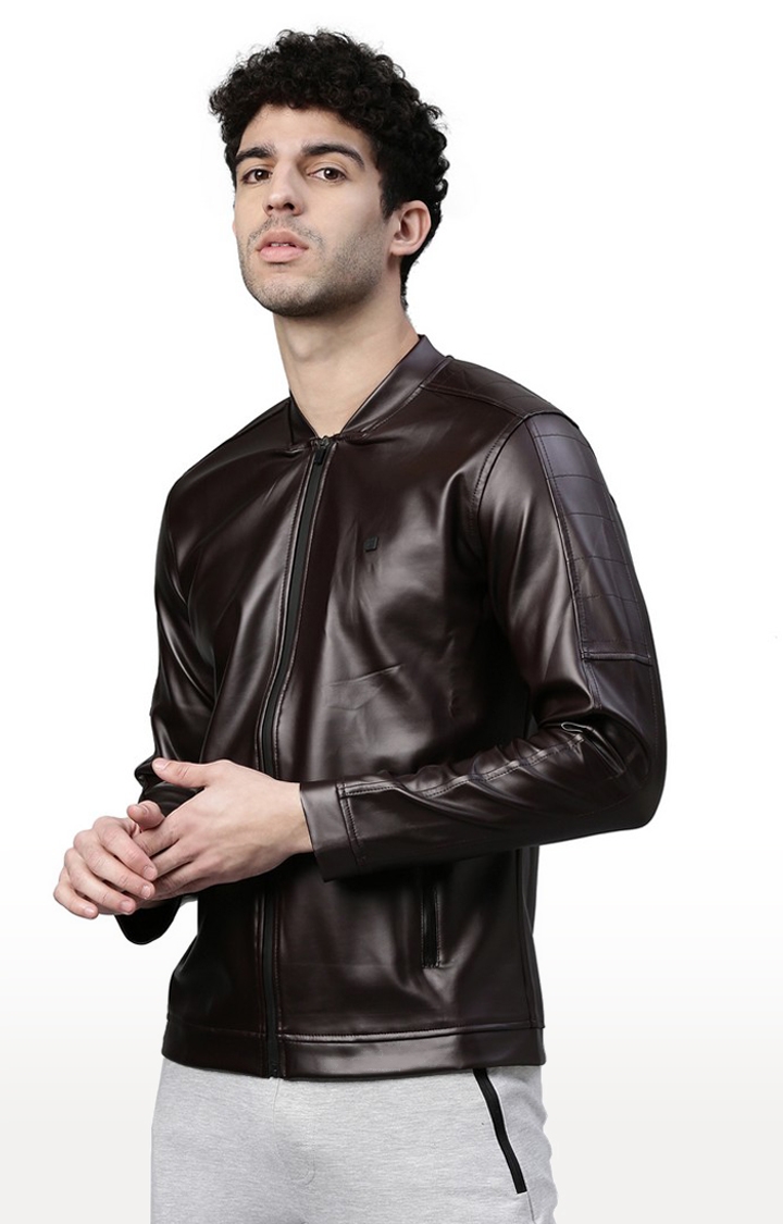 Men's Brown Polyester Solid Leather Jacket