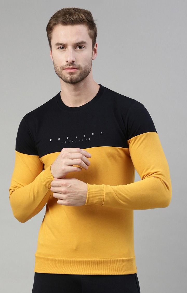 Men's Yellow Cotton Blend Colourblock Sweatshirt