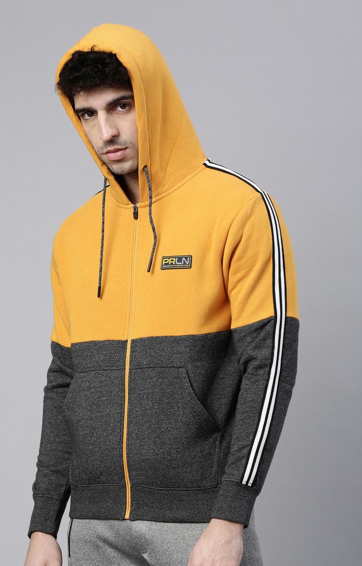 Men's Yellow Cotton Colourblock Hoodie